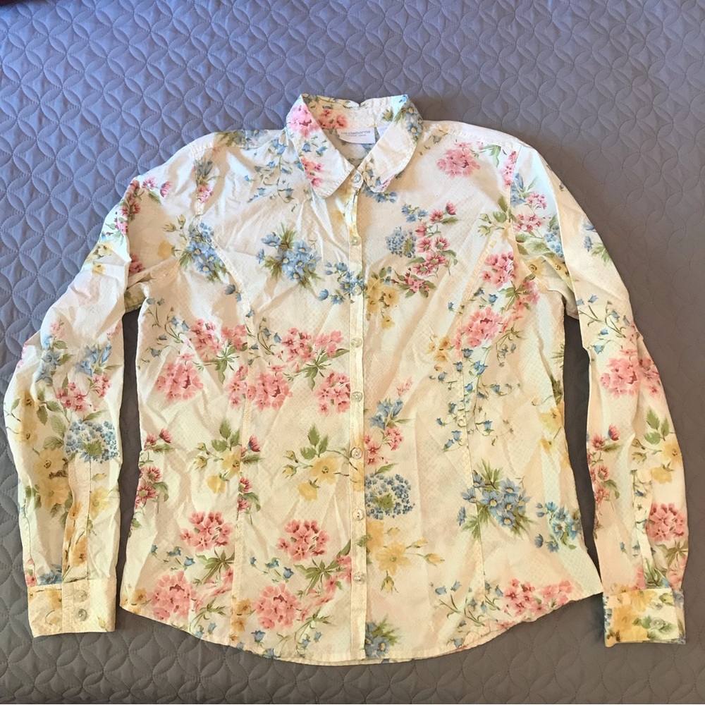 Floral Long Sleeve Button Up Blouse Top - Pale Yellow w/ Blue and Pink Flowers
